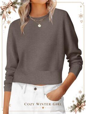 Cropped Crew Neck Long Sleeve Ribbed Knit Pullover Sweater